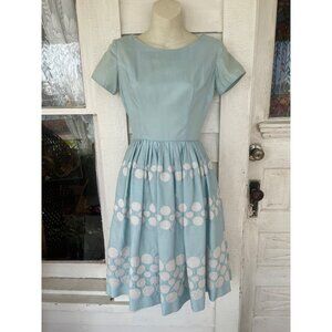 Vintage 1950s Betty Barclay Fit and Flare Dress Blue Embroidery Circles Sz Small